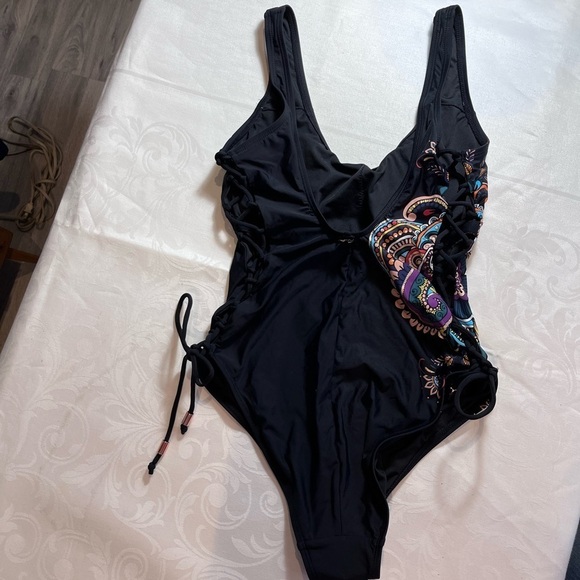 Aqua Rose Black Lace sided Mandala pattern One Piece bathing suit in XS - Picture 3 of 10